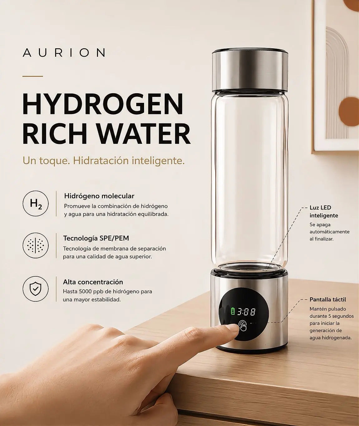 AURION-Botella generadora de hidrógeno portátil